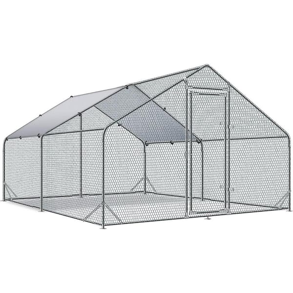 10 ft. L x 13 ft. W x 6.4 ft. H Large Walk-in Metal Poultry Cage, Waterproof and UV Resistant, Spire Top