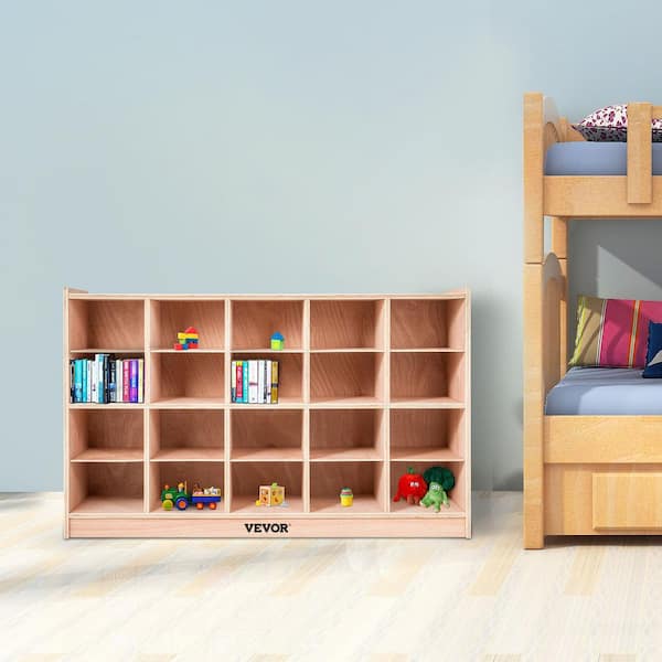 Storage Cabinet Cubes Wooden Storage Organizer 20-Cubes Storage Classroom 30.3 in. H Plywood  with Casters, Birch Color