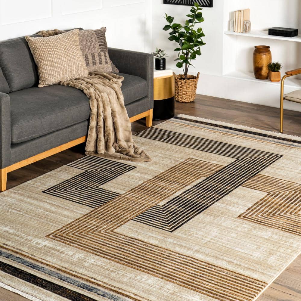 Beige and Black Synthetic Rectangular Striped Area Rug, 8' 10" x 13'