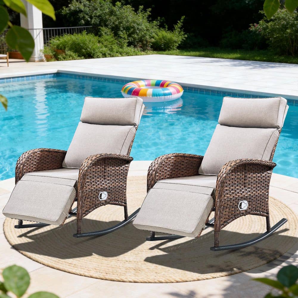 Carlos Brown 2-Piece Wicker Outdoor Rocking Chairs, Patio Reclining Lounge Rockers with Beige Cushions price history on PriceWatchPro