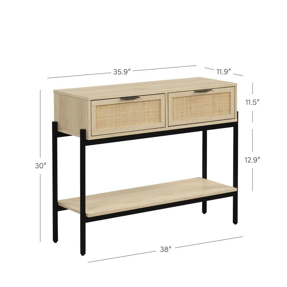 Light Oak and Black Rattan Console Table with Storage