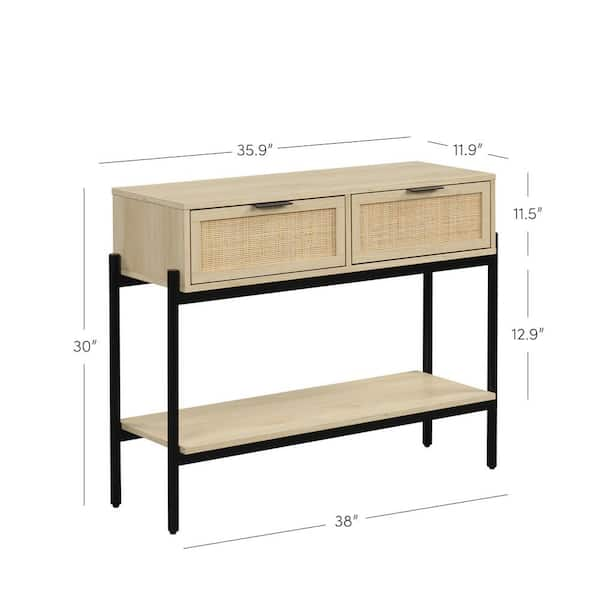 Nathan James Aaron Modern Desk with Storage, Natural Rattan Table with Square Webbing and Gold Accent Knobs, Natural Brown