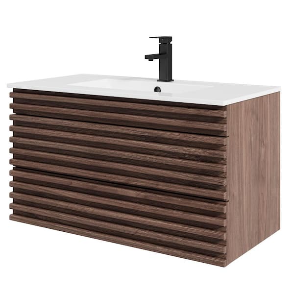 36 in. W x 18.3 in. D x 19.7 in. H Floating 1-Sink Bath Vanity in Brown with White Ceramic Top and Drain Faucet Set
