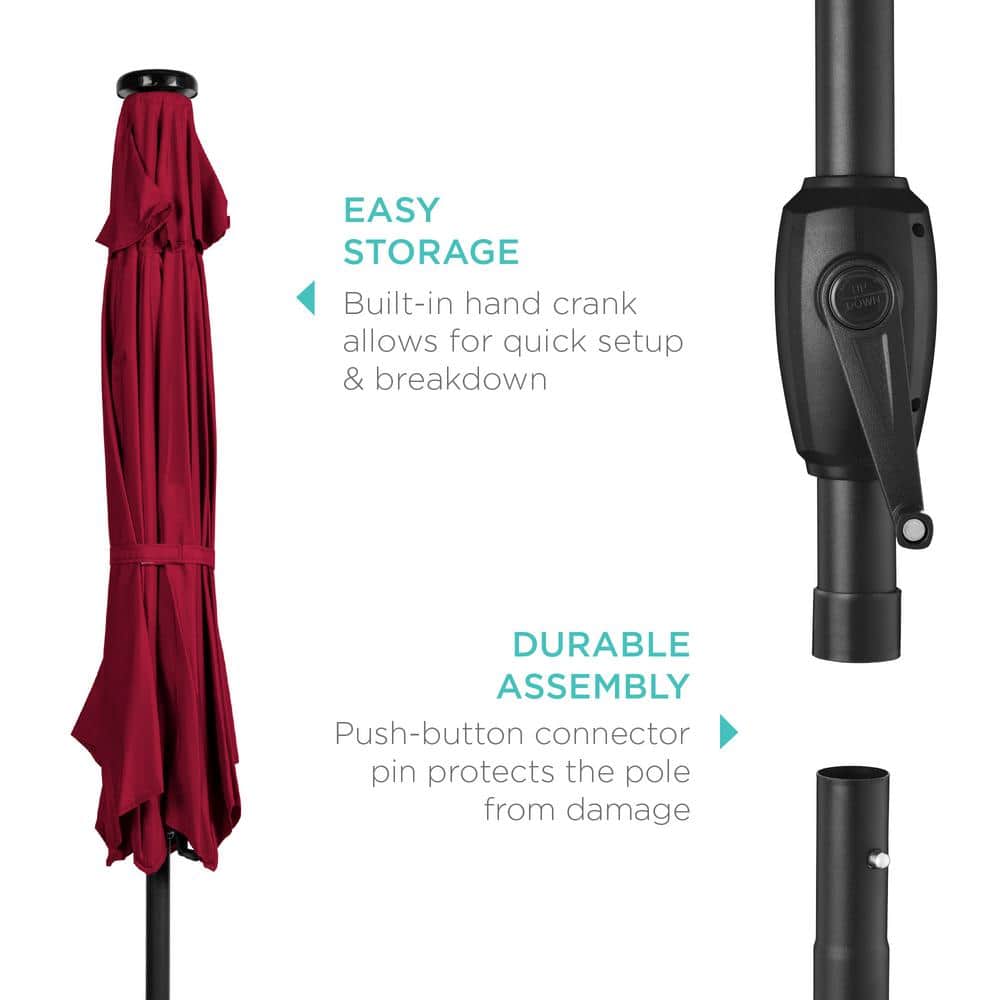 Burgundy Solar-Powered Tilting Patio Umbrella with LED Lights and Steel Pole