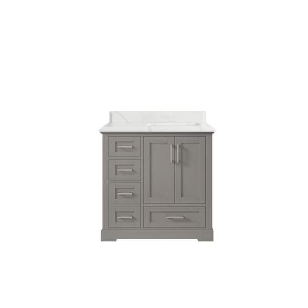 Willow Collections Boston 36 in. W x 22 in. D x 36 in. H Right Offset Sink Bath Vanity in Elephant Gray with 1.5 in. Calacatta Quartz Top