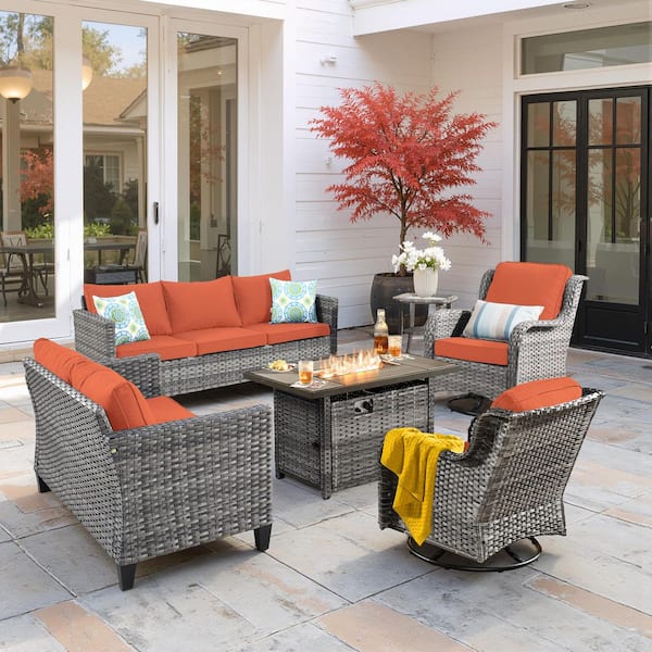 Muse 6-Pieces Wicker Outdoor Patio Rattan Rectangular Fire Pit Set and Swivel Rocking Chairs with Orange Red Cushions