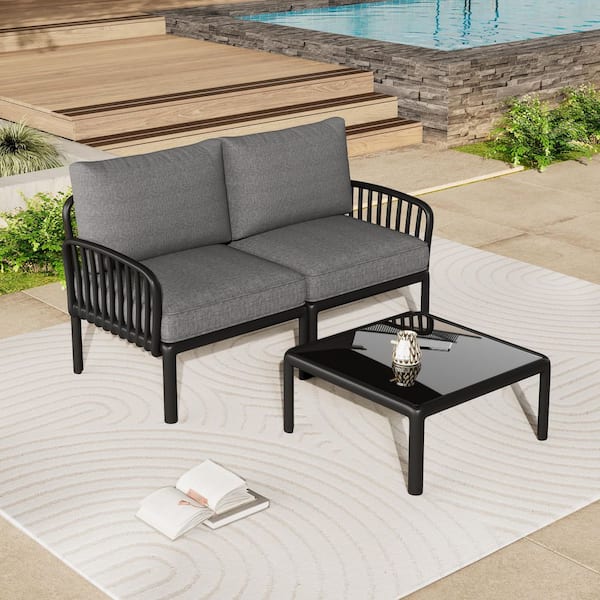 Tenleaf Modern 2-Piece Plastic Outdoor Black Conversation Loveseat Set with Dark Gray Cushion and Square Coffee Table