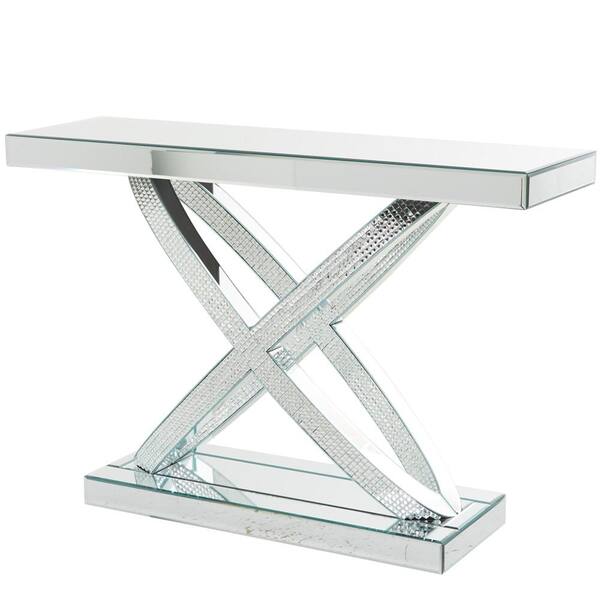 31.50 in. Silver Extra Large Rectangle Glass X Shaped Mirrored Geometric Console Table with Crystal Embellishments