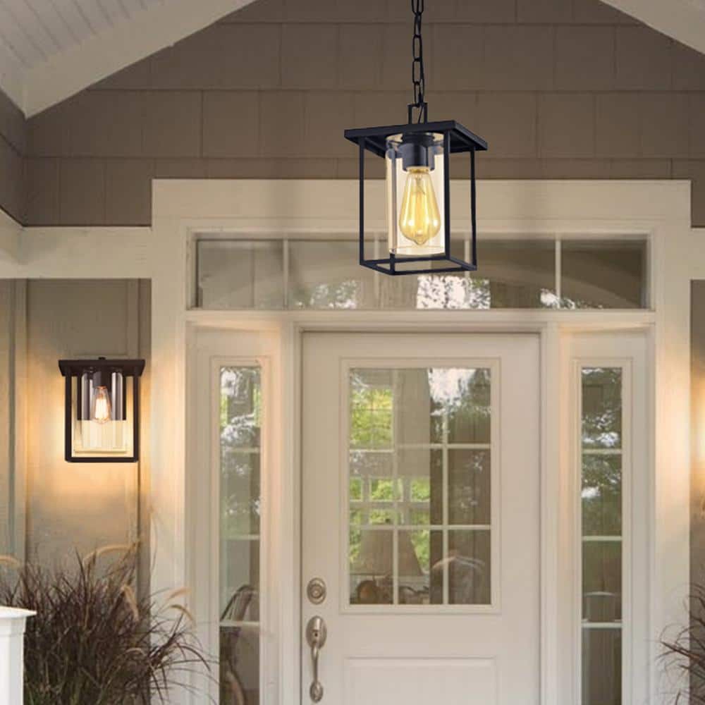 Matte Black Indoor Outdoor Pendant Light with Clear Glass Shade