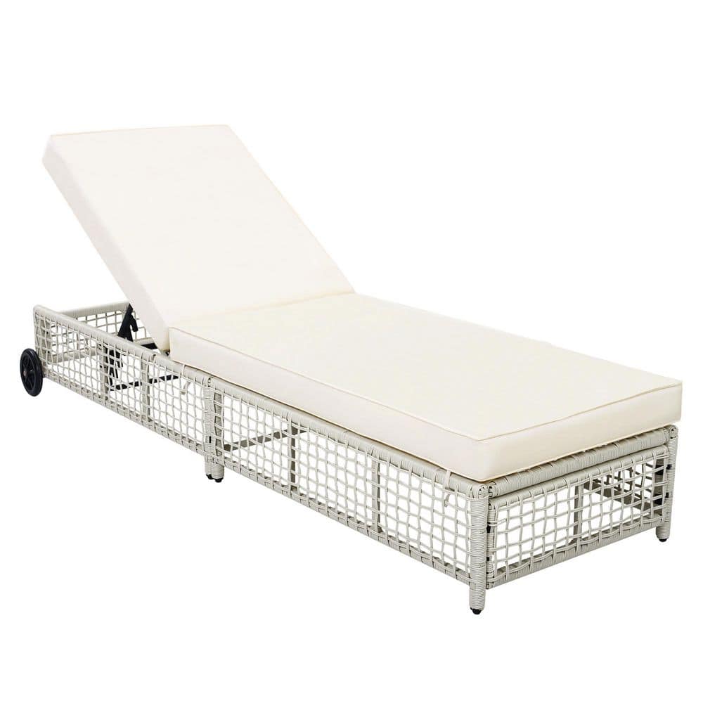 Wicker Outdoor Chaise Lounge with 5-Position Backrest and Beige Cushion and Wheels, Rattan Outdoor Lounge Chair price history on PriceWatchPro