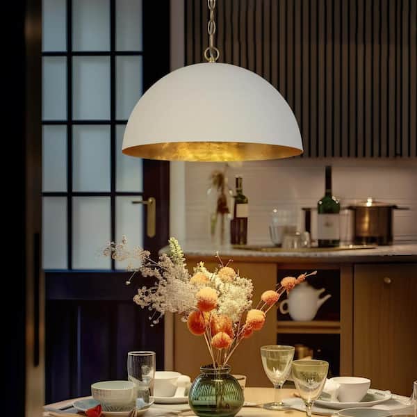 Mid-century 17.7 in. W 1-Light Gold Pendant Lamp, Modern Pendant Light with White Dome Shade for Dining Room, Kitchen