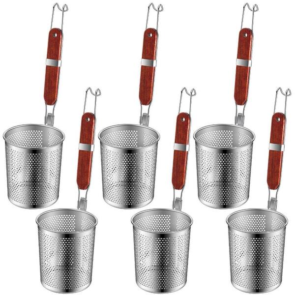 6-Pack Stainless Steel Mesh Pasta Basket 4 in x 5.2 in with Wooden Handle for Noodles and Dumplings, Red Brown