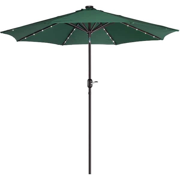 Pure Garden 9 ft. Steel Solar LED Lighted Patio Market Umbrella with Auto Tilt, Easy Crank Lift in Green