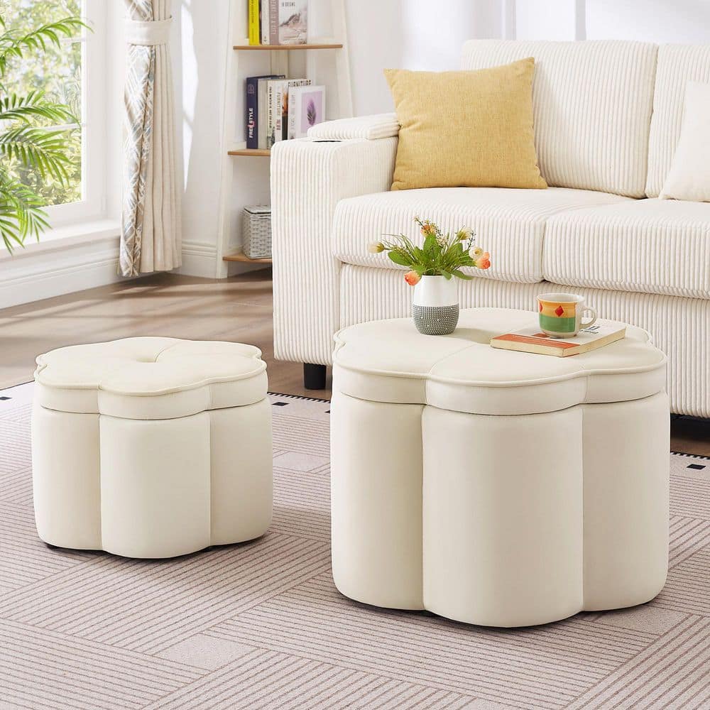 GOGEXX Set of 2 Cream Velvet Flower Shape Storage Ottoman Foot