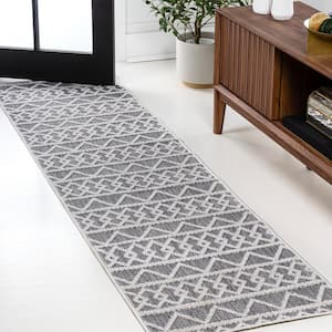Aylan Black/Ivory 2 ft. x 8 ft. High-Low Pile Knotted Trellis Geometric Indoor/Outdoor Runner Rug