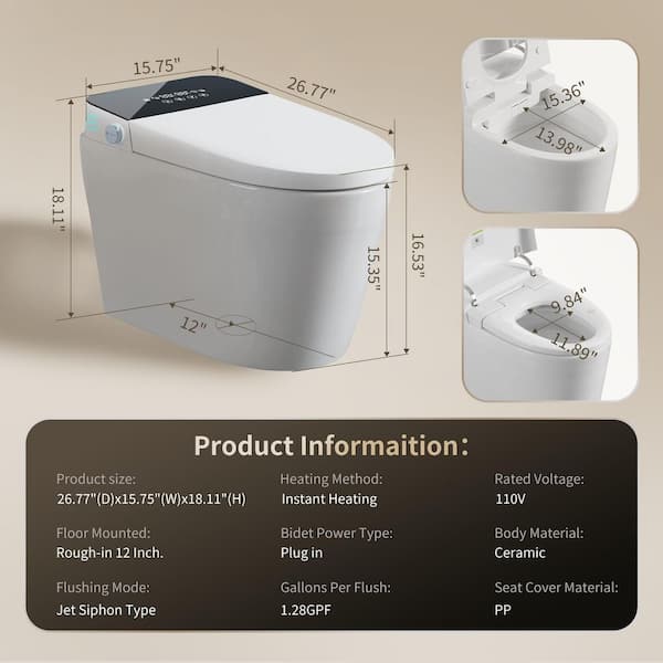 Xspracer Elongated Smart Bidet Toilet 1.28 GPF in Black with Auto