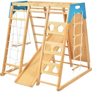 8 in 1 Wooden Indoor Playground, Rock Climbing Wall with Rope Wall Climb, Monkey Bars and Swing