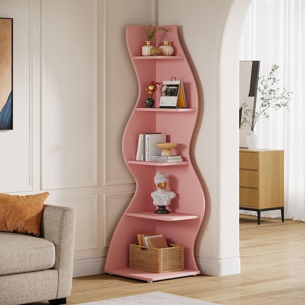 Eulas 69.8 in. Tall Pink Engineered Wood 5-Shelf Standard Bookcase Bookshelf Corner Shelf for Living Room