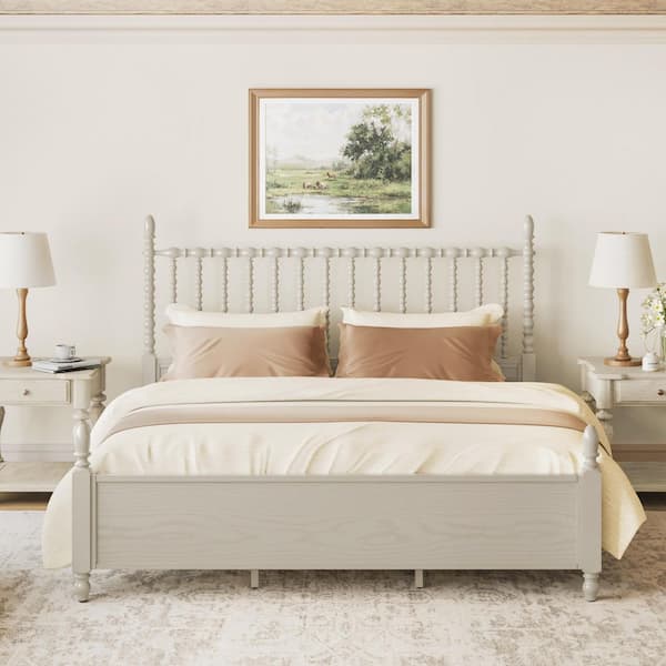 ELIO White Solid Wood Frame King Platform Bed Frame with Spindle Detailing, Footboard and Wooden Slat Support