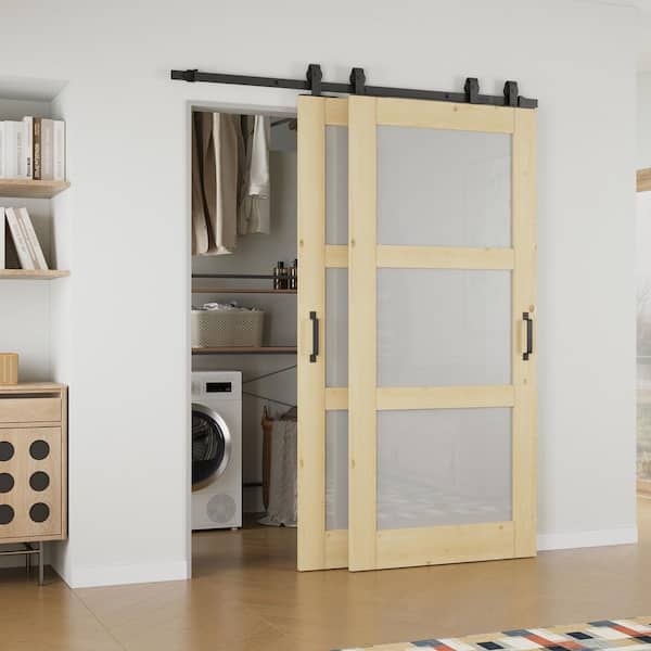 64 in. x 80 in. 3-Lite Frosted Glass Unfinished Solid Core Pine Wood Sliding Barn Door with Hardware Kit Bypass