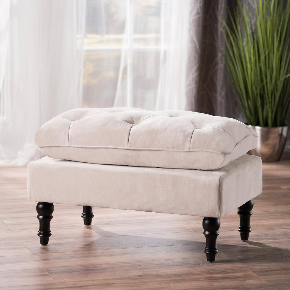 Cream Tufted Fabric and Wood Rectangular Ottoman