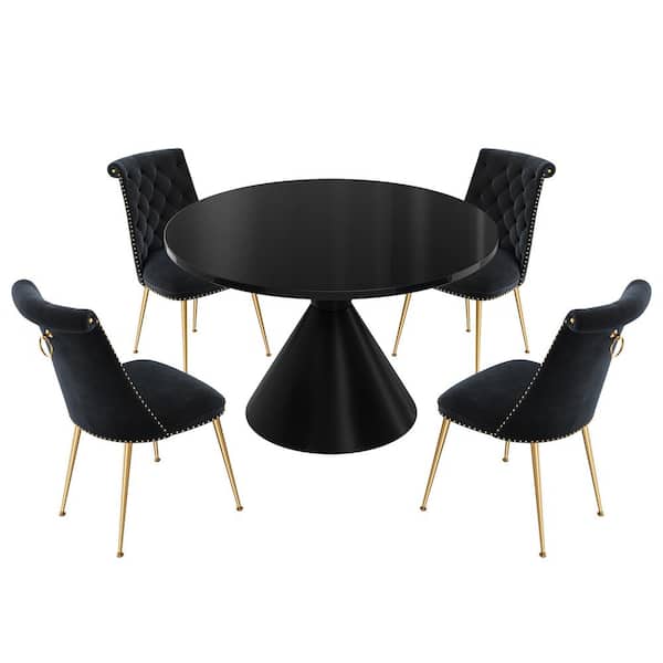 Boyel Living 5-Piece Round Stainless Steel Black MDFTop Table Set Seats 4 (4 Black Dining Chairs)