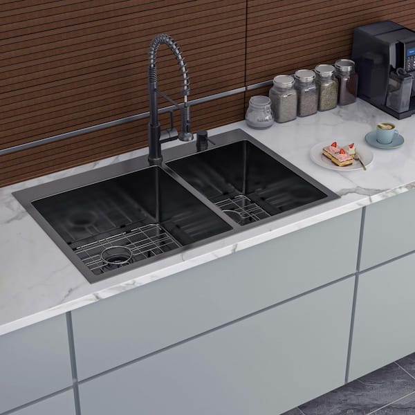 33 in. L x 22 in. W Drop-In Double Bowls 16-Gauge Stainless Steel Kitchen Sink in Gunmetal Black