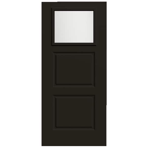JELD-WEN 36 in x 80 in 2-Panel 1/4-Lite Right-Hand/Inswing Frosted Glass Black Steel Front Door Slab