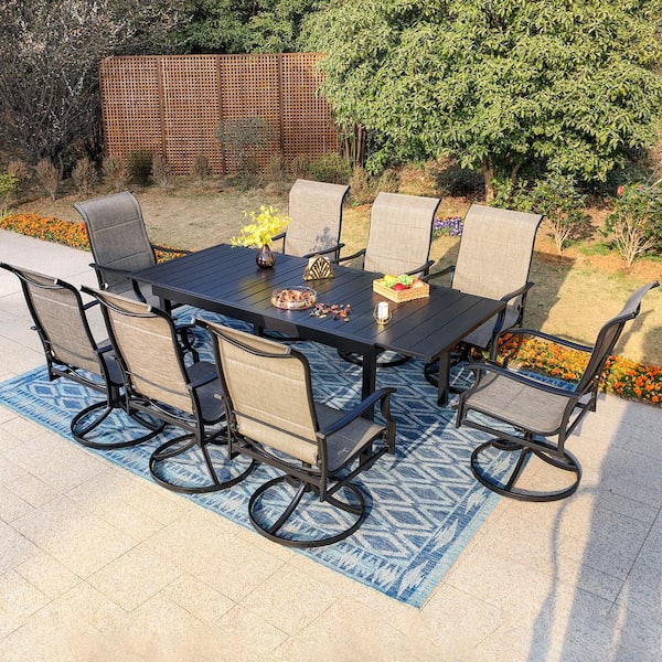 PHI VILLA Black 9-Piece Metal Outdoor Patio Dining Set with Extendable Table and Padded Textilene Swivel Chairs