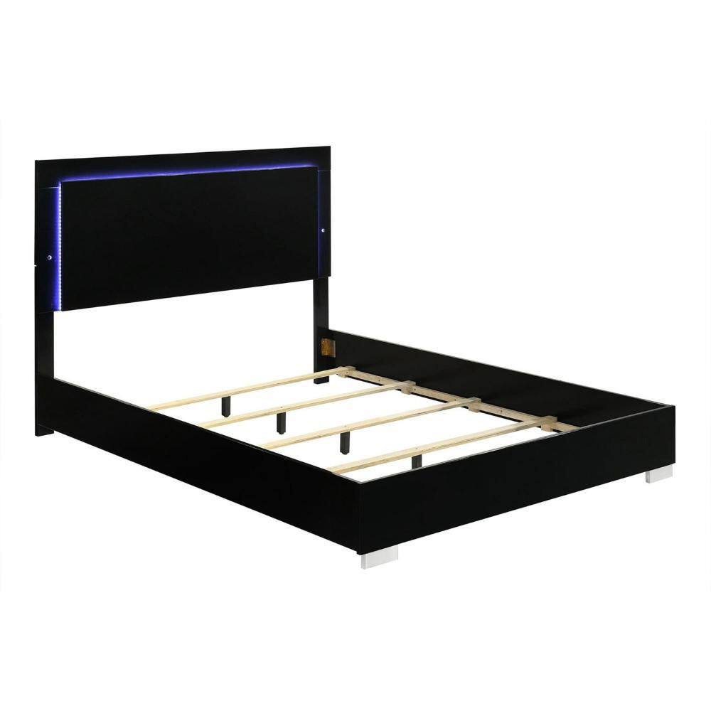 Benjara piano black queen bed frame with LED headboard and wooden slats.