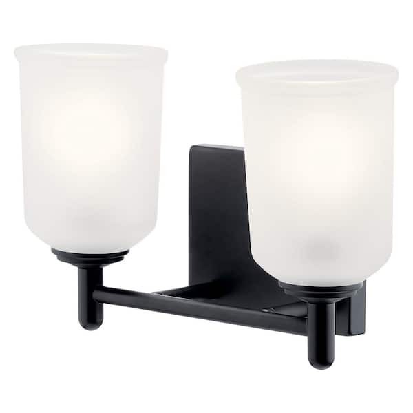 Shailene 12.75 in. 2-Light Black Traditional Bathroom Vanity Light with Satin Etched Glass