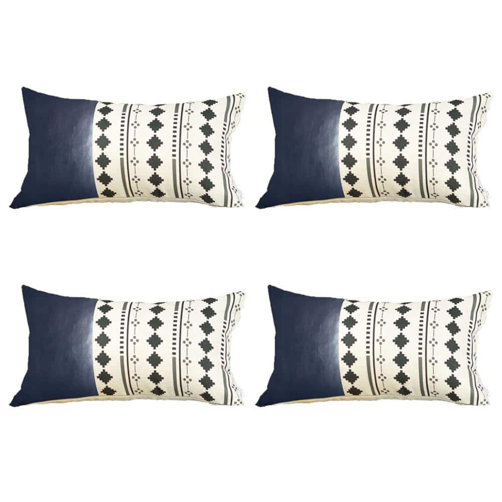 Navy Blue Boho Handcrafted Vegan Faux Leather Lumbar Abstract Geometric 12 in. x 20 in. Throw Pillow Cover (Set of 4) -  MIKE & Co. NEW YORK, S493046947092