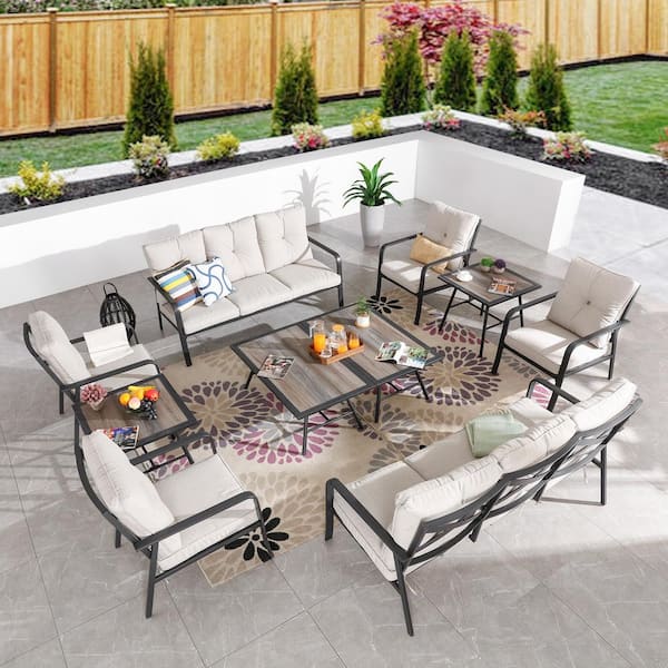 Patio Festival 14-Piece Metal Patio Conversation Set, Beige Cushions