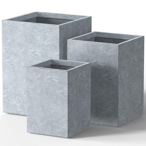 12.5", 16", 18.5" H Lightweight Concrete Planters, Square Plant Pots with Drainage Hole for Indoor/Outdoor, Slate Gray