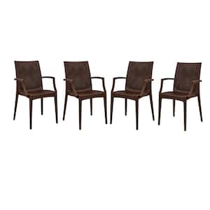 Brown Mace Modern Stackable Plastic Weave Design Indoor Outdoor Dining Chair with Arms (Set of 4)