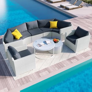 White 9-Piece Half-Moon Wicker Outdoor Sectional Set with Dark Gray Cushions and Table Set