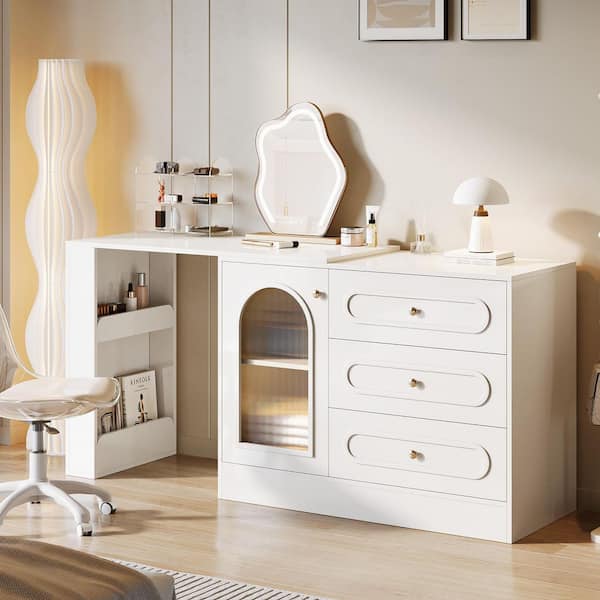 Helotes 39.37 in. Rotatable Makeup Desk White Makeup Vanity Desk with 3 Drawers, Extendable Dressing Table(Only Desk)