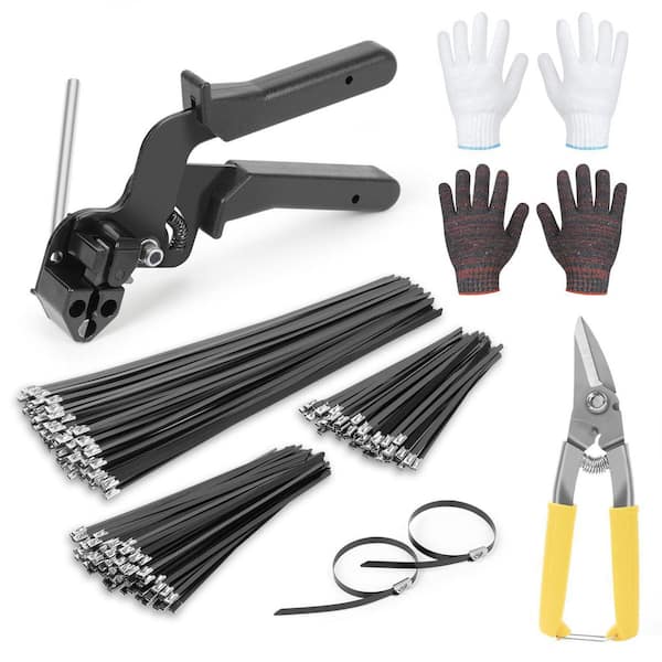 Stainless Steel Cable Tie Gun Set with 300-Pcs Different Sizes Black Metal Zip Ties for Fencing Exhaust Pipes