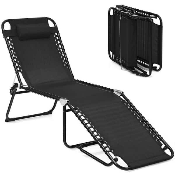 Clihome Folding Adjustable Heightening Design Outdoor Beach Lounge Chair with Black Pillow, 4-level Backrest and 2-Level Pedal