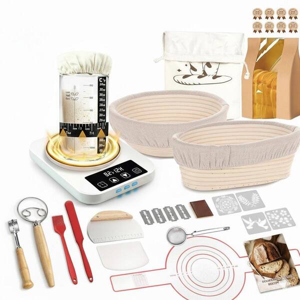 Sourdough Starter Kit with Warmer, Glass Jar and Banneton Basket - Complete Bread Baking Supplies Set, Gift for Bakers