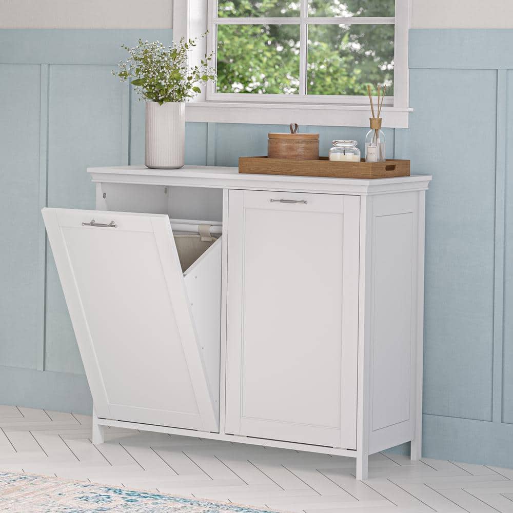 White Double Tilt-Out Laundry Hamper Cabinet with Cloth Bags