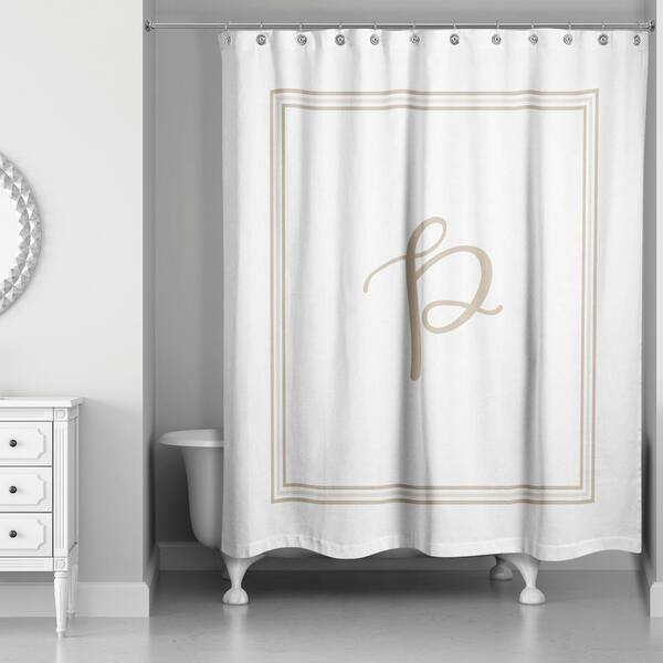 DESIGNS DIRECT 71 in. W x 74 in. L Beige and White Letter P Monogrammed Fabric Shower Curtain