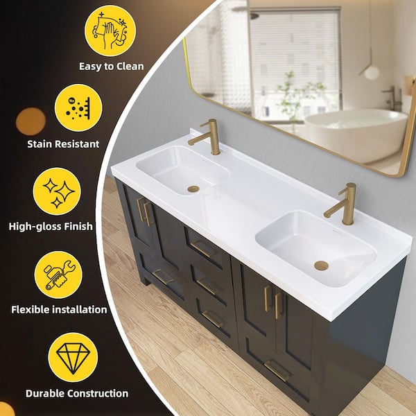 Zeafive 60 in. W x 22 in. D Solid Surface White Rectangular Double