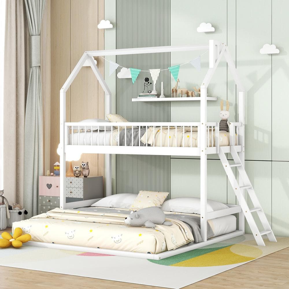 Polibi White Twin Over Twin-Twin House Bunk Bed With Extending Trundle ...