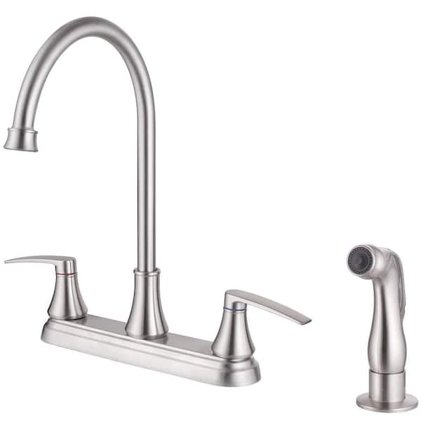 2-Handles Deck Mount 8 Inch Centerset Standard Kitchen Faucet with Side Sprayer 3 Hole or 4 Hole in Brushed Nickel