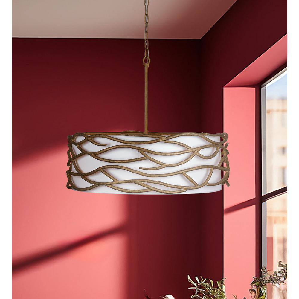 Textured Ashen Gold 6-Light Indoor Drum Pendant with Fabric Shade