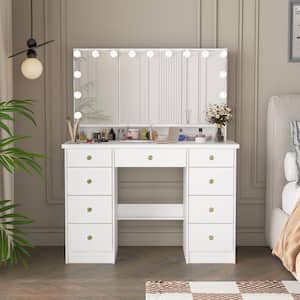 White Modern Bedroom Makeup Vanity Desk 9-Drawer Wood Dressing Table with 3-Mirrors, Hidden Storage Shelves, LED Bulb