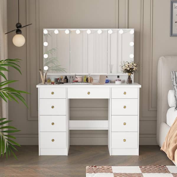 White Modern Makeup Vanity Desk 9 Drawers Wood Dressing Table With 3 Mirrors, Hidden Storage Shelves, LED Bulb Lights