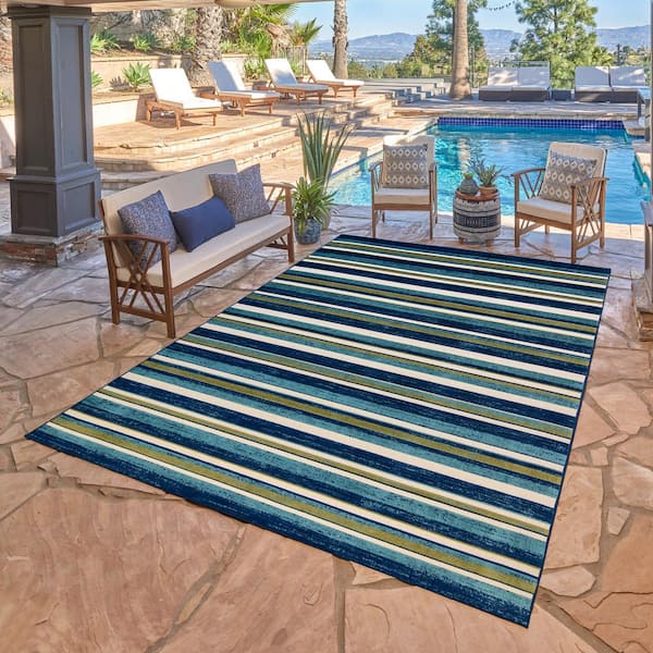 Fosel Muxia Blue/Green 5 ft. x 7 ft. Striped Indoor/Outdoor Area Rug