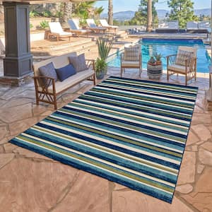 Fosel Muxia Blue/Green 5 ft. x 7 ft. Striped Indoor/Outdoor Area Rug
